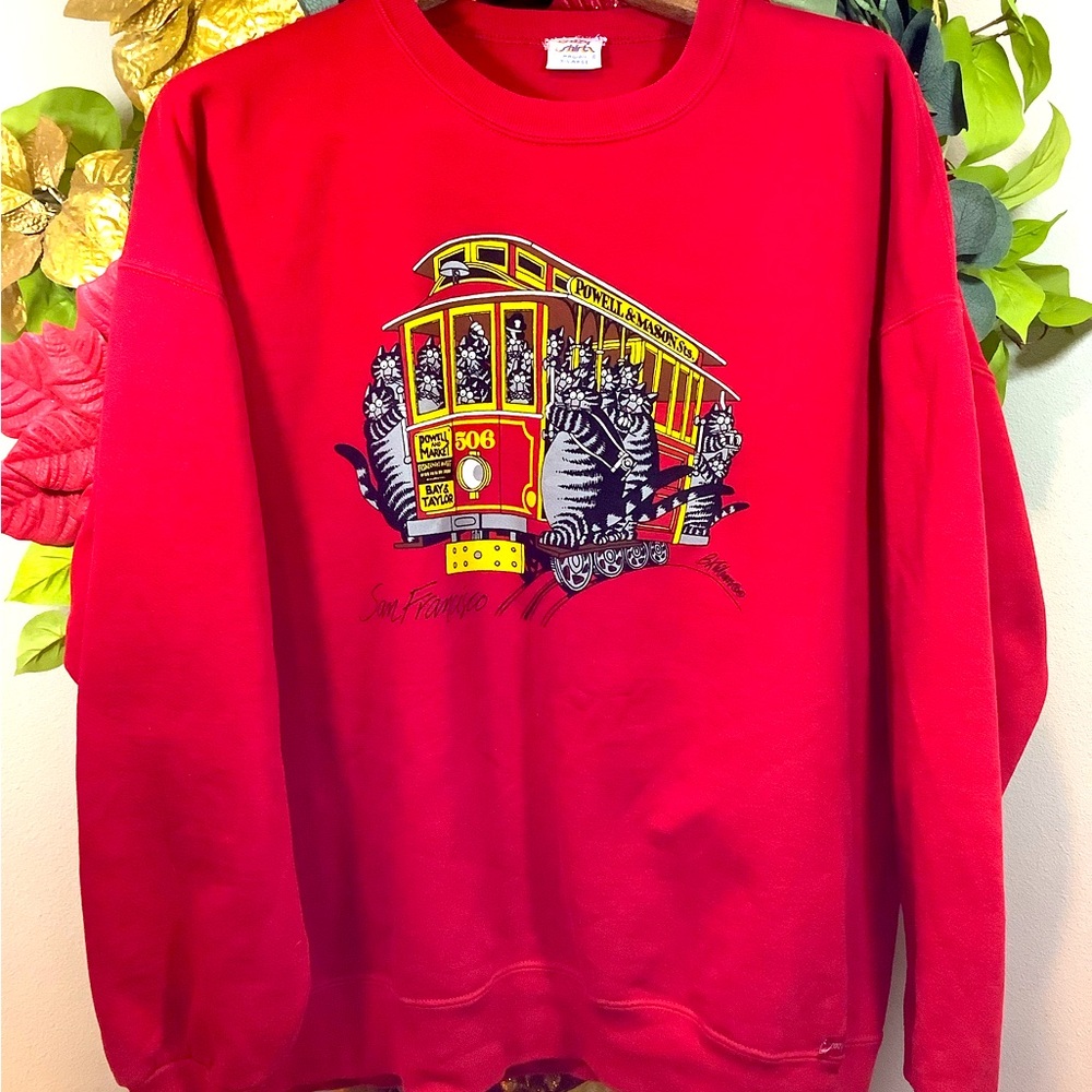Vtg B Kliban Cat San Francisco Trolley Art Sweatshirt 90’s Crazy Shirts 2 sided